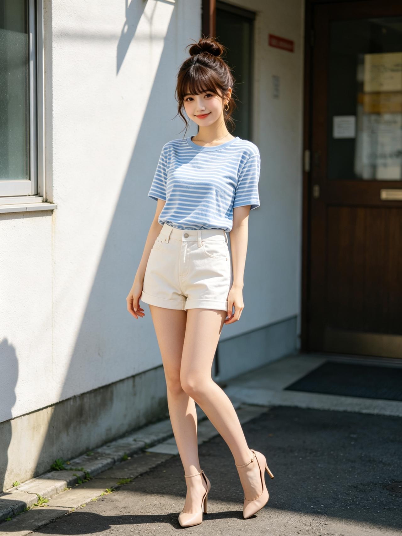 夏日清新穿搭，条纹T恤+米色短裤，轻松自在！🌞👗👠优雅自信穿搭分享
