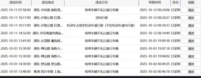 网友贴出在上海部分交通违法举报清单，看来“转弯车辆不让直行车辆”的司机不在少数呀