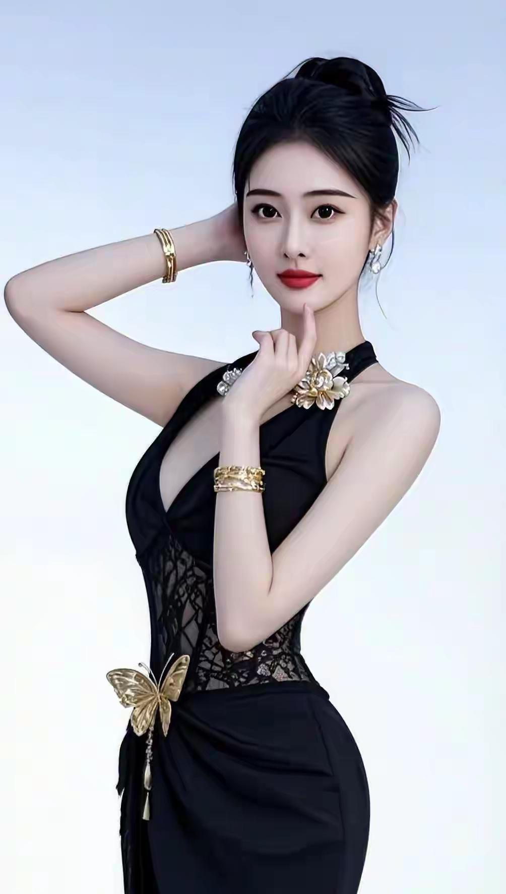 优雅黑裙，金色配饰，气质女神，时尚穿搭