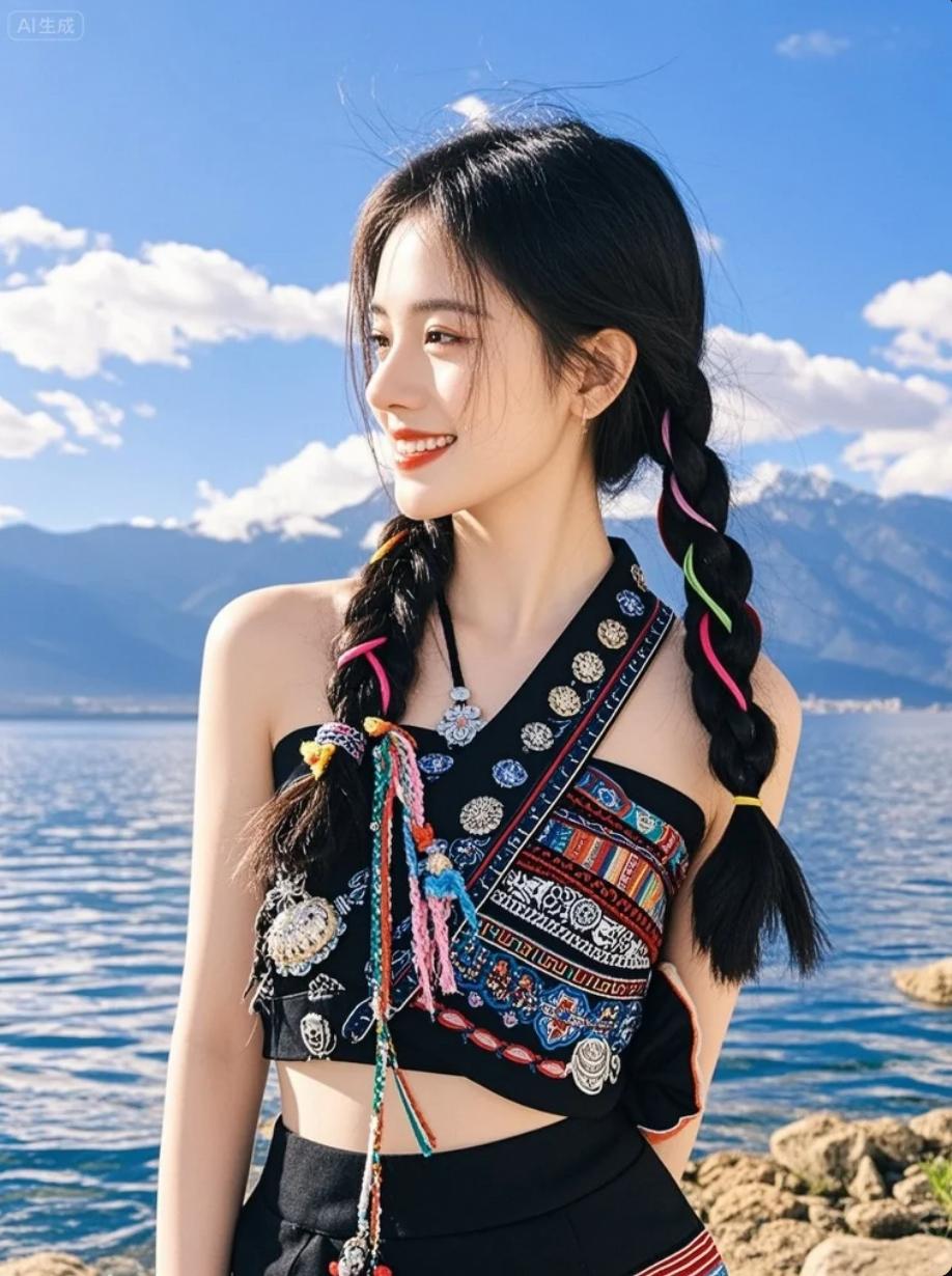 哈尼少女在梯田连湖处跳跃，倒影与天光共舞