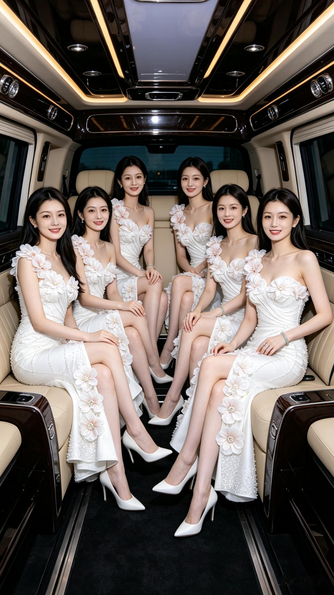 车内佳人豪车之内暖光柔，六位佳人共一舟。白裙花饰添雅韵，高跟轻踏展温柔。