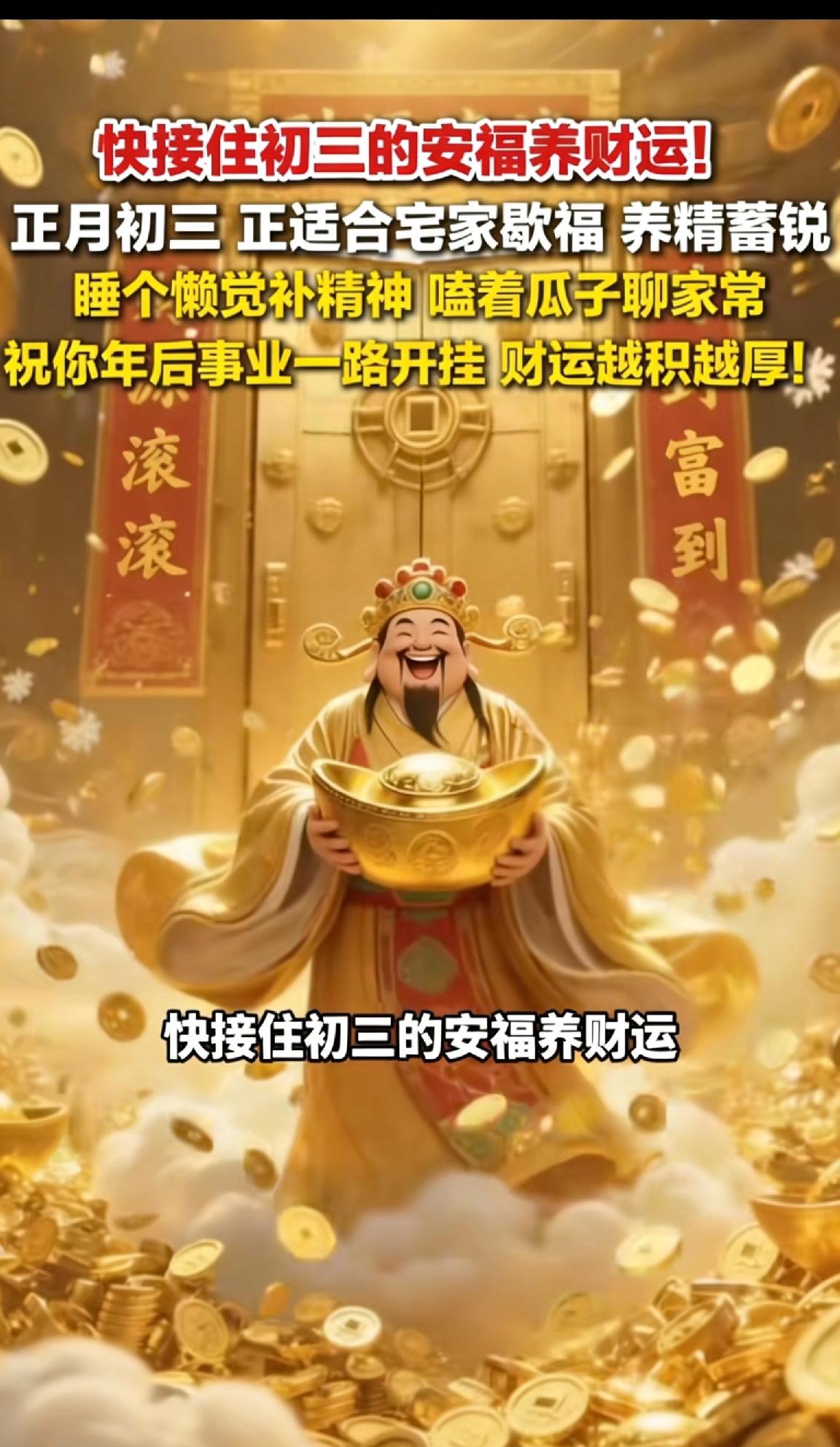 大年初三，接福接财！一顺百顺，心想事成，泡壶热茶，唠唠家常，嗑把瓜子，晒晒