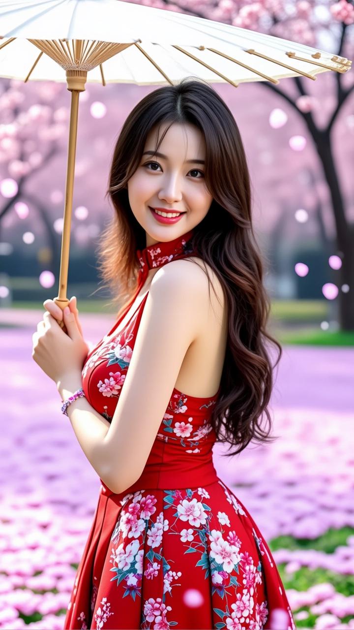 想象一下，在落英缤纷的樱花树下，一位身着红裙的美人撑着伞，笑容灿烂如同春日暖阳。