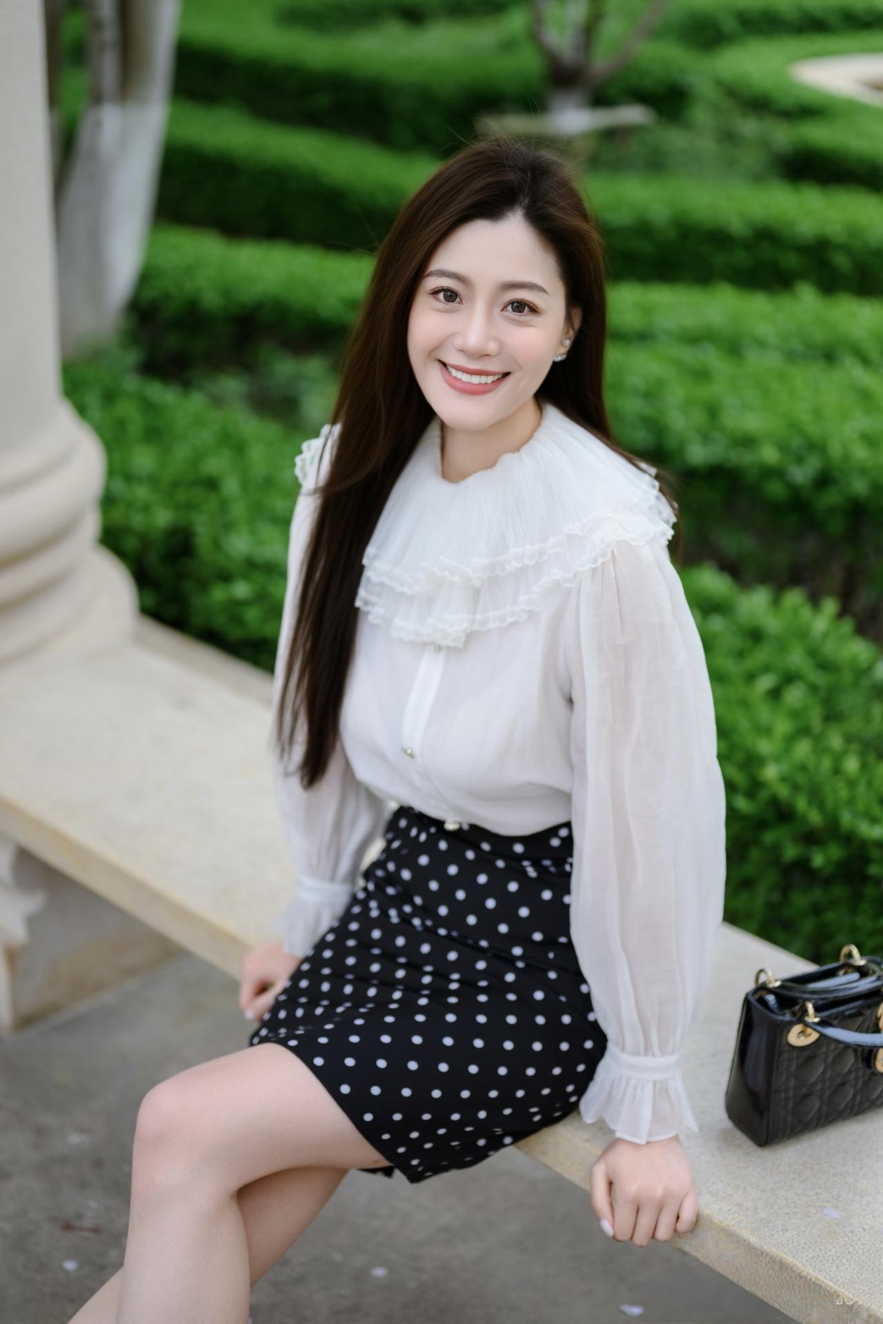 女生怎么穿搭会看上去很优雅白色的真丝衫搭配波点及膝裙，黑色的高跟凉鞋，非常的优雅
