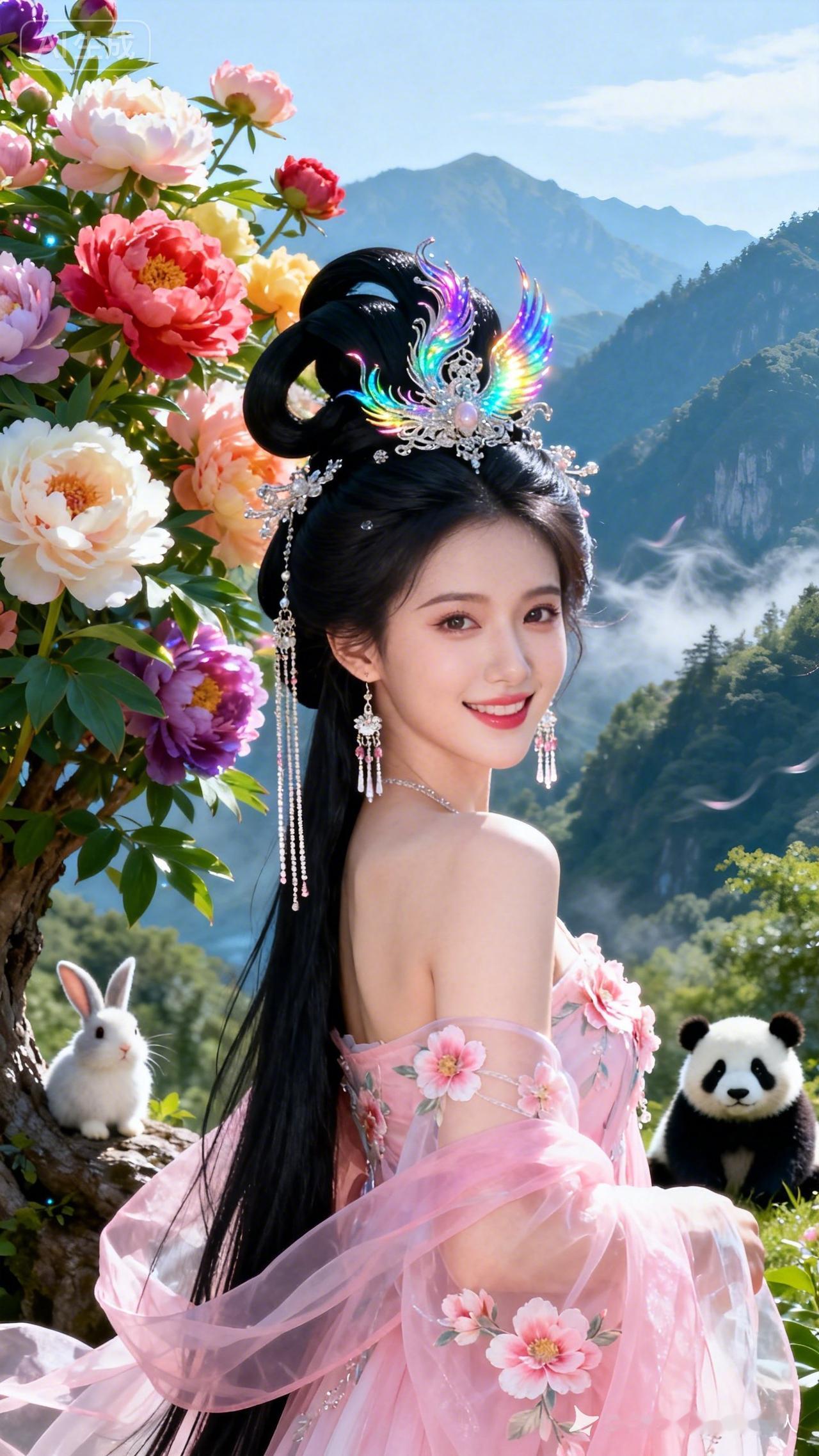 纯欲网红女侧身回眸，中式妆饰品，粉纱古风裙配炫彩凤冠，牡丹古树、山林萌宠为伴，留