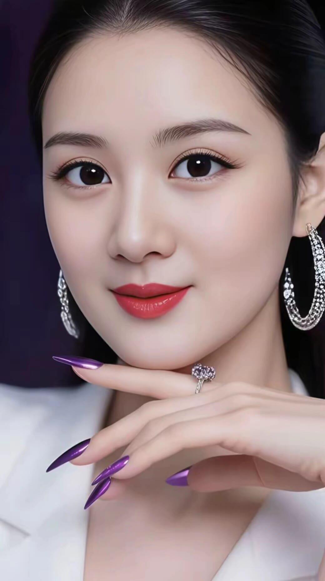 优雅红唇，闪耀耳环，紫色美甲，时尚穿搭