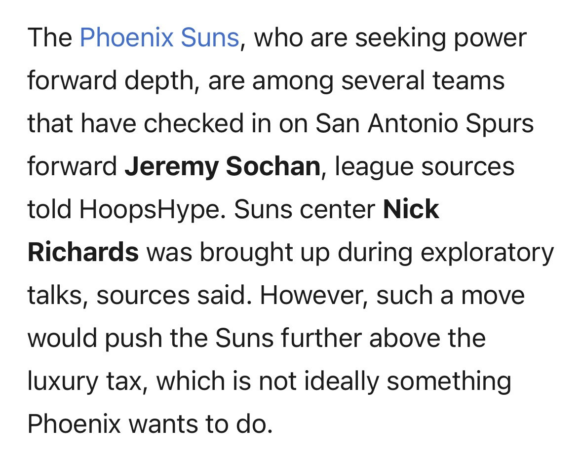 Scotto：太阳队已加入马刺索汉的询价行列，多支球队均对索汉有意。消息人士称，