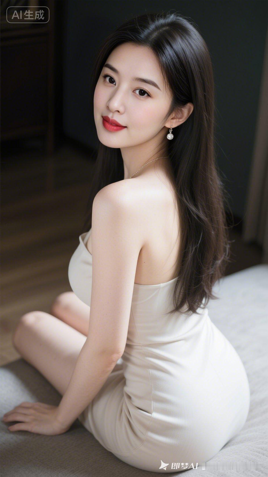 清纯美肌肤胜雪如羊脂玉，眉眼温柔灵动，唇带浅笑。乌发垂落，简约饰品，穿搭精致淡雅