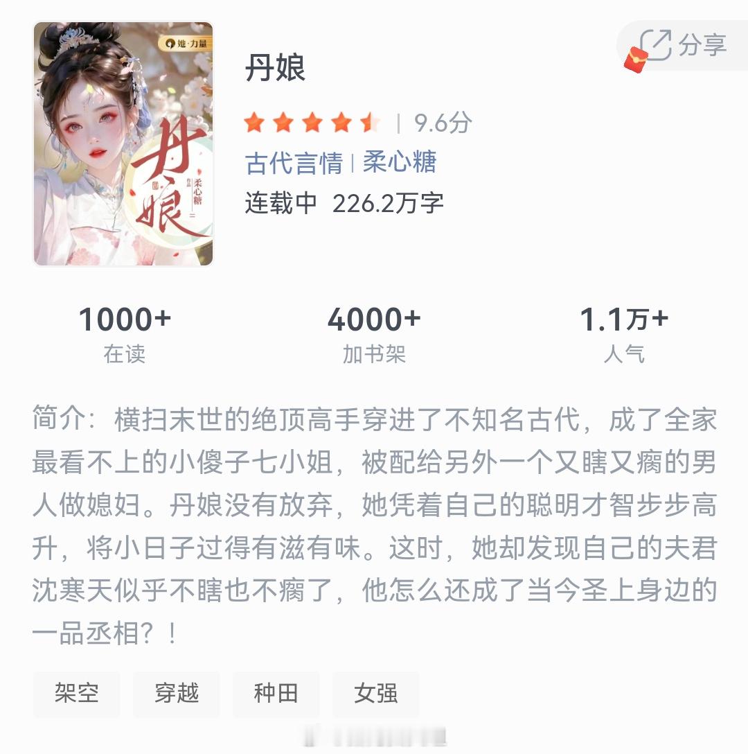 《丹娘》作者：柔心糖横扫末世的绝顶高手穿进了不知名古代，成了全家最看不上的小傻子