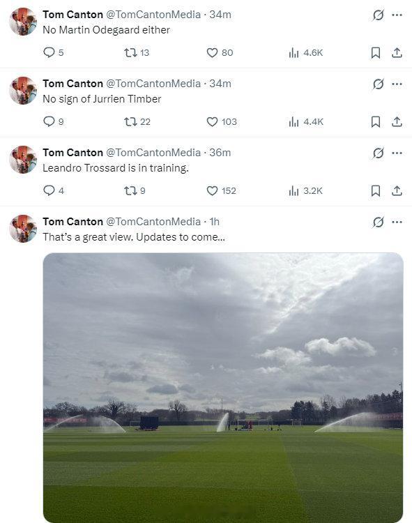 记者TomCanton更新社媒透露阿森纳训练情况：“特罗萨德正在训练，廷伯缺席