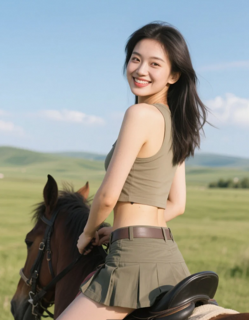 回眸一笑的亚洲美女，草原上最动人的风景
