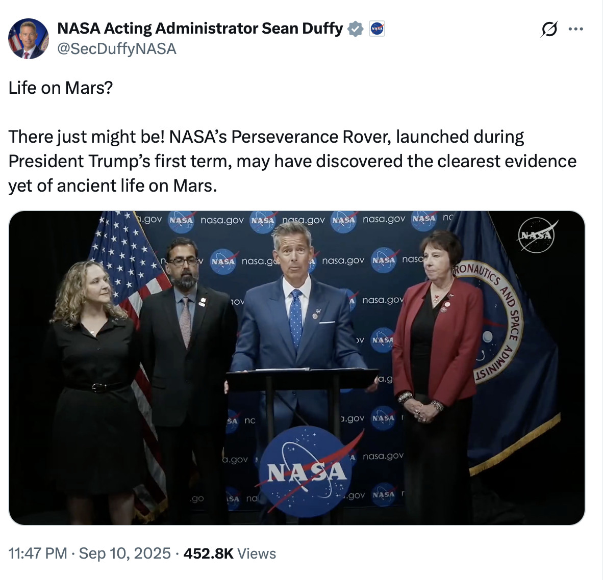 NASA代理局长肖恩·达菲（SeanDuffy）：“火星存在生命吗？或许真有这