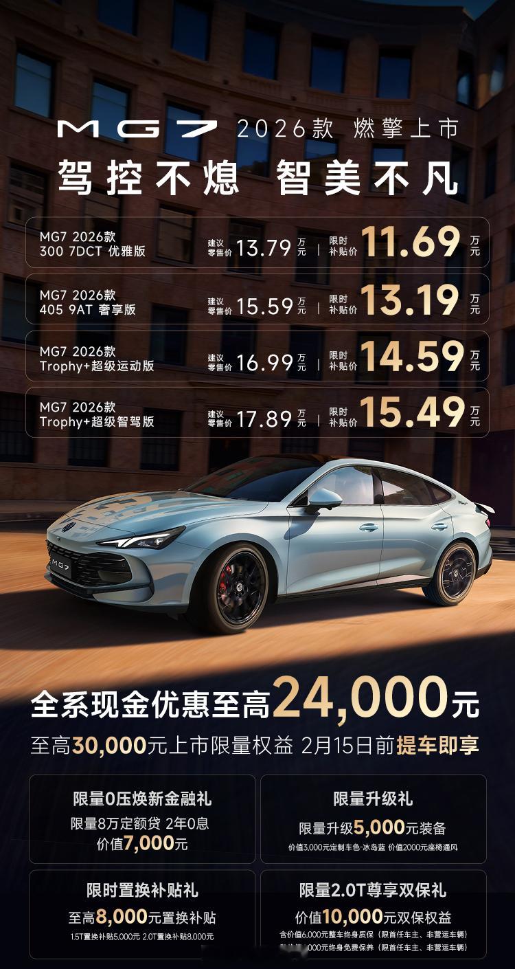 26款MG7正式上市，限时11.69万起售。新车尺寸4884mmx1889m