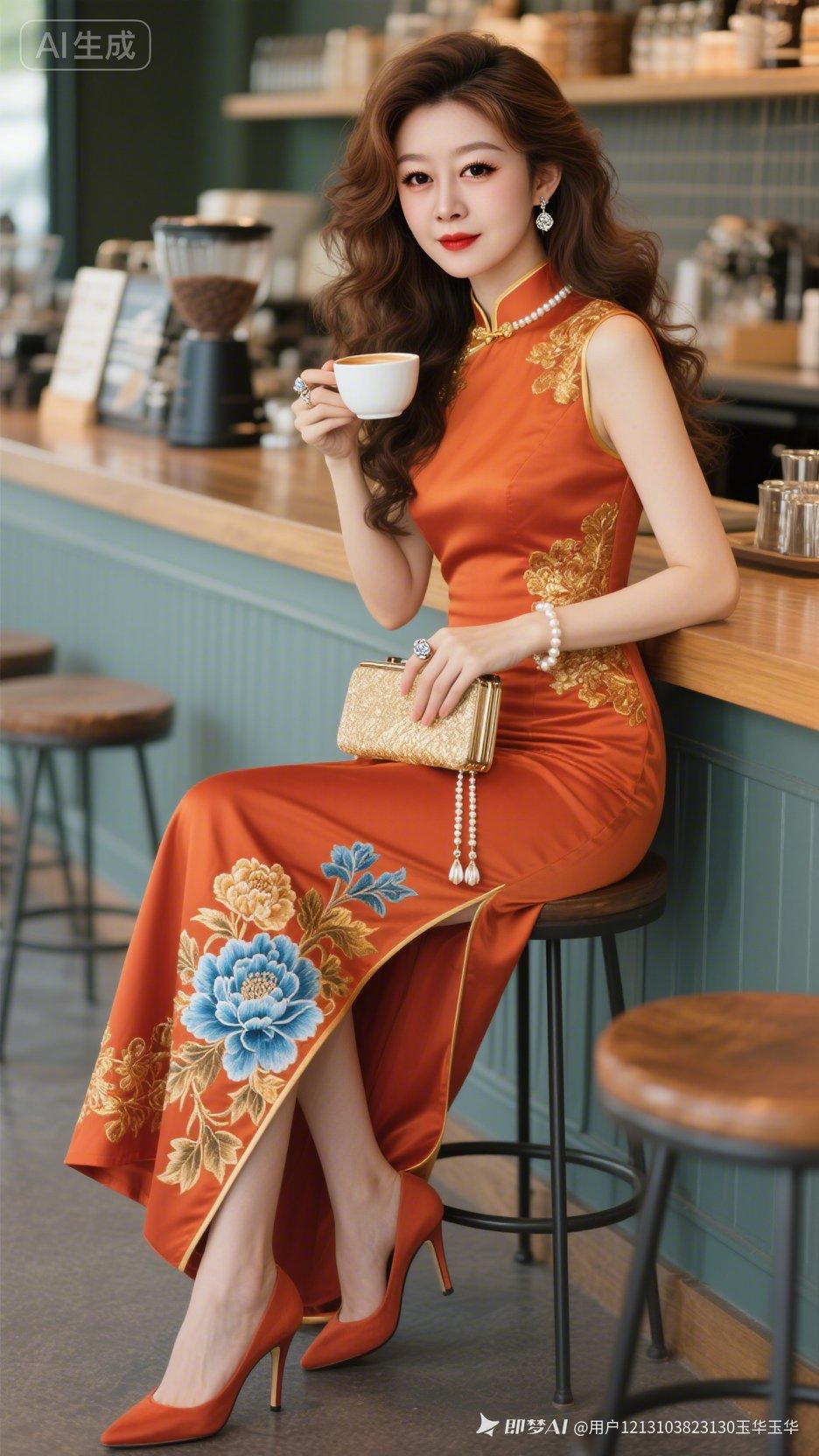 这位女士在咖啡馆喝咖啡。