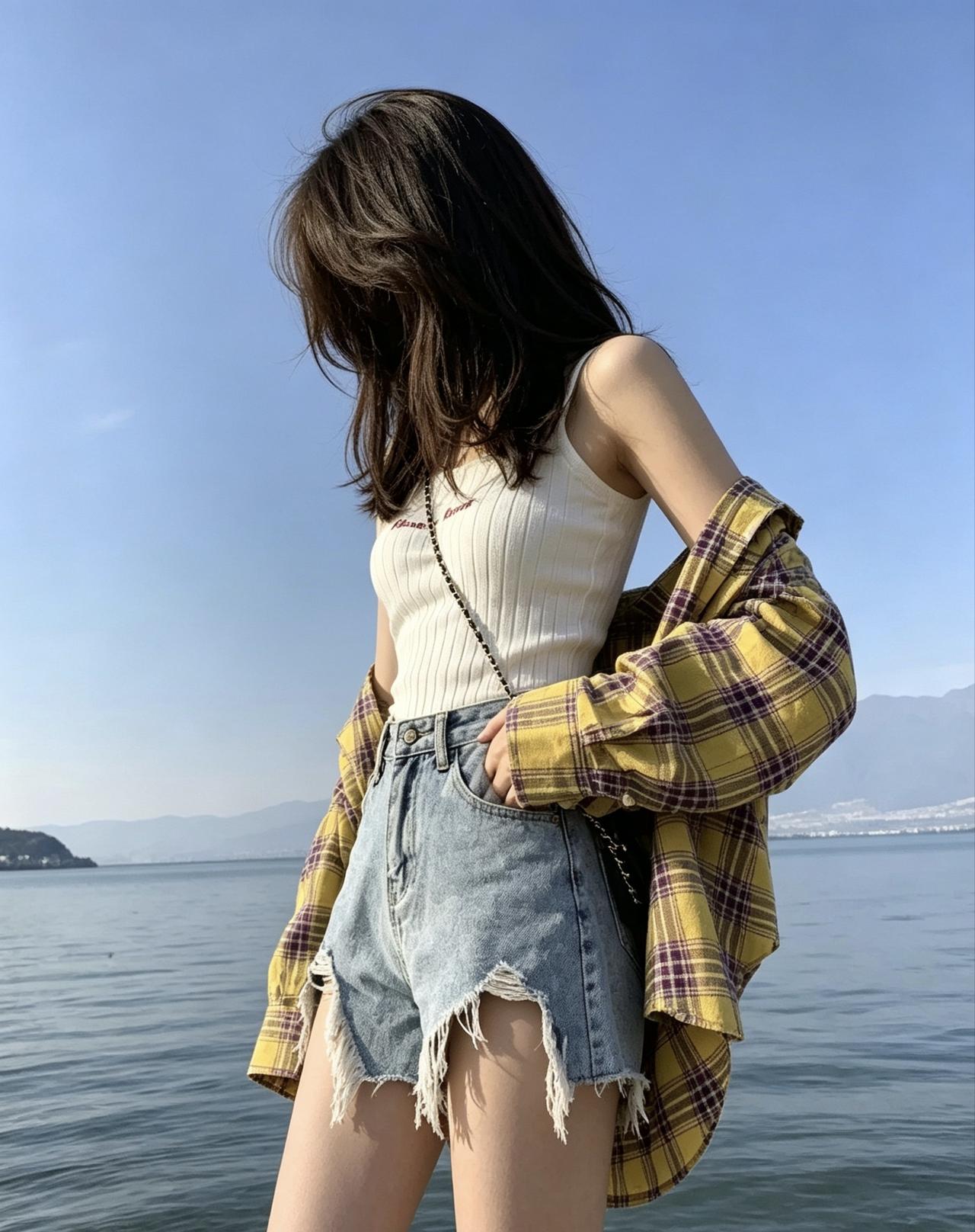 海边漫步，牛仔短裤与格子衬衫的完美搭配，尽显青春活力！🌊👗👖