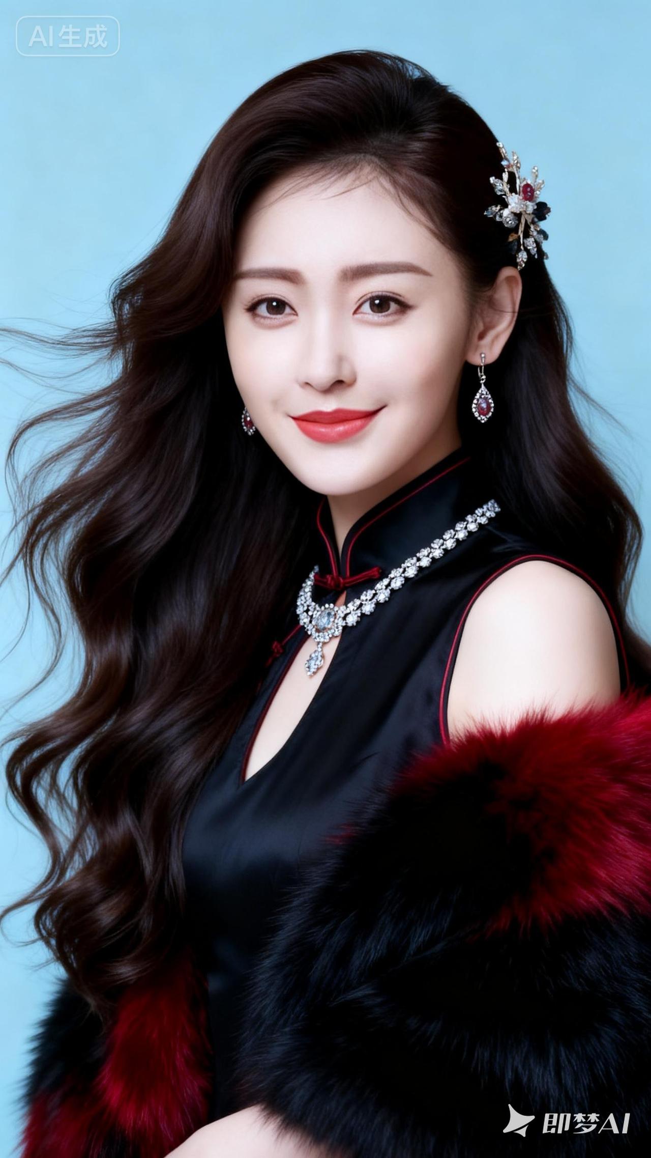 优雅黑裙，红唇轻启，尽显东方韵味