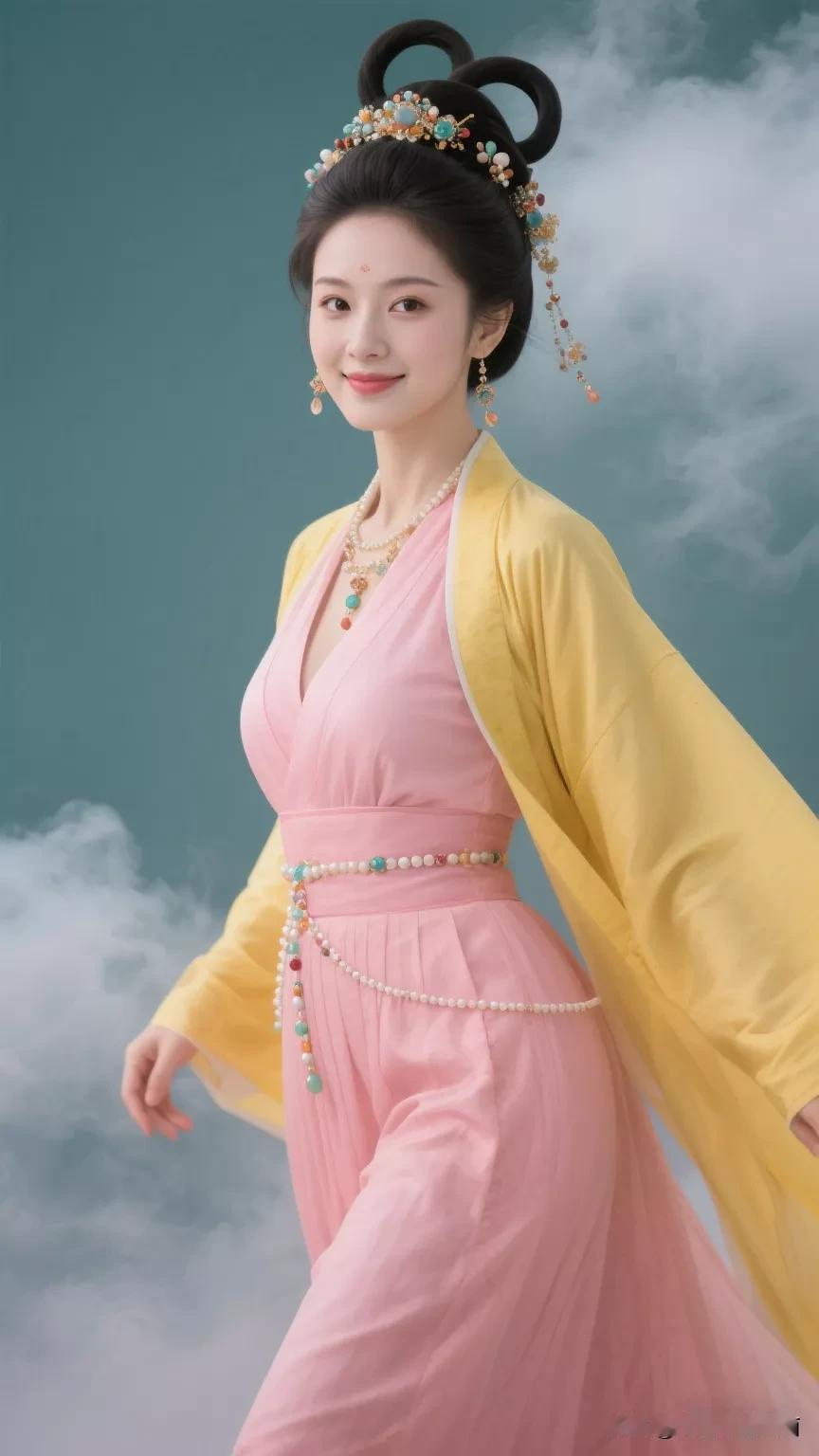 穿越千年的古典美，一袭粉黄相间的华服，尽显东方韵味。张立启原创书画AI作品古仕女