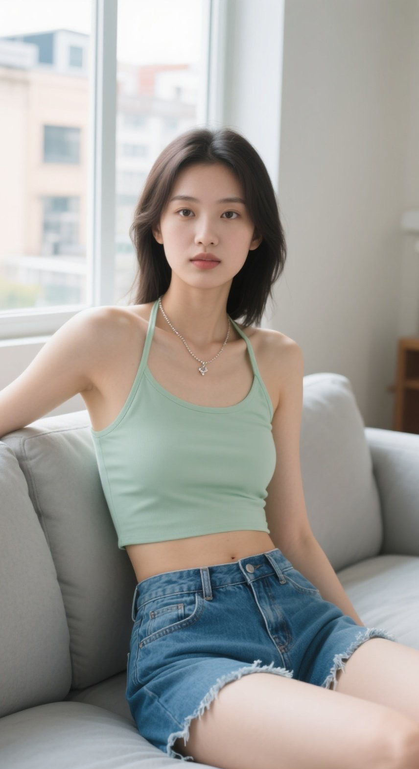 氧气少女抱膝而坐，慵懒午后治愈时光