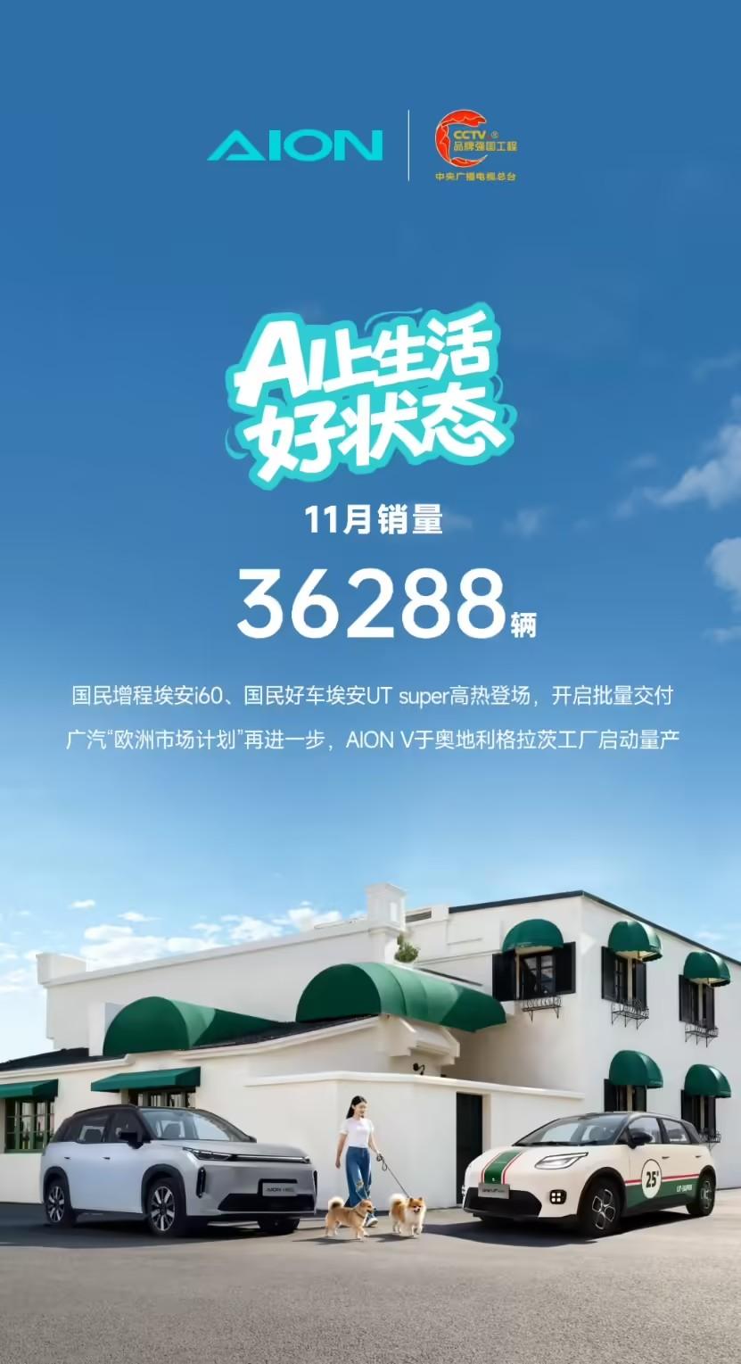 广汽埃安11月成绩单出炉！11月销量36288辆，同比下降14.2%[捂脸哭]