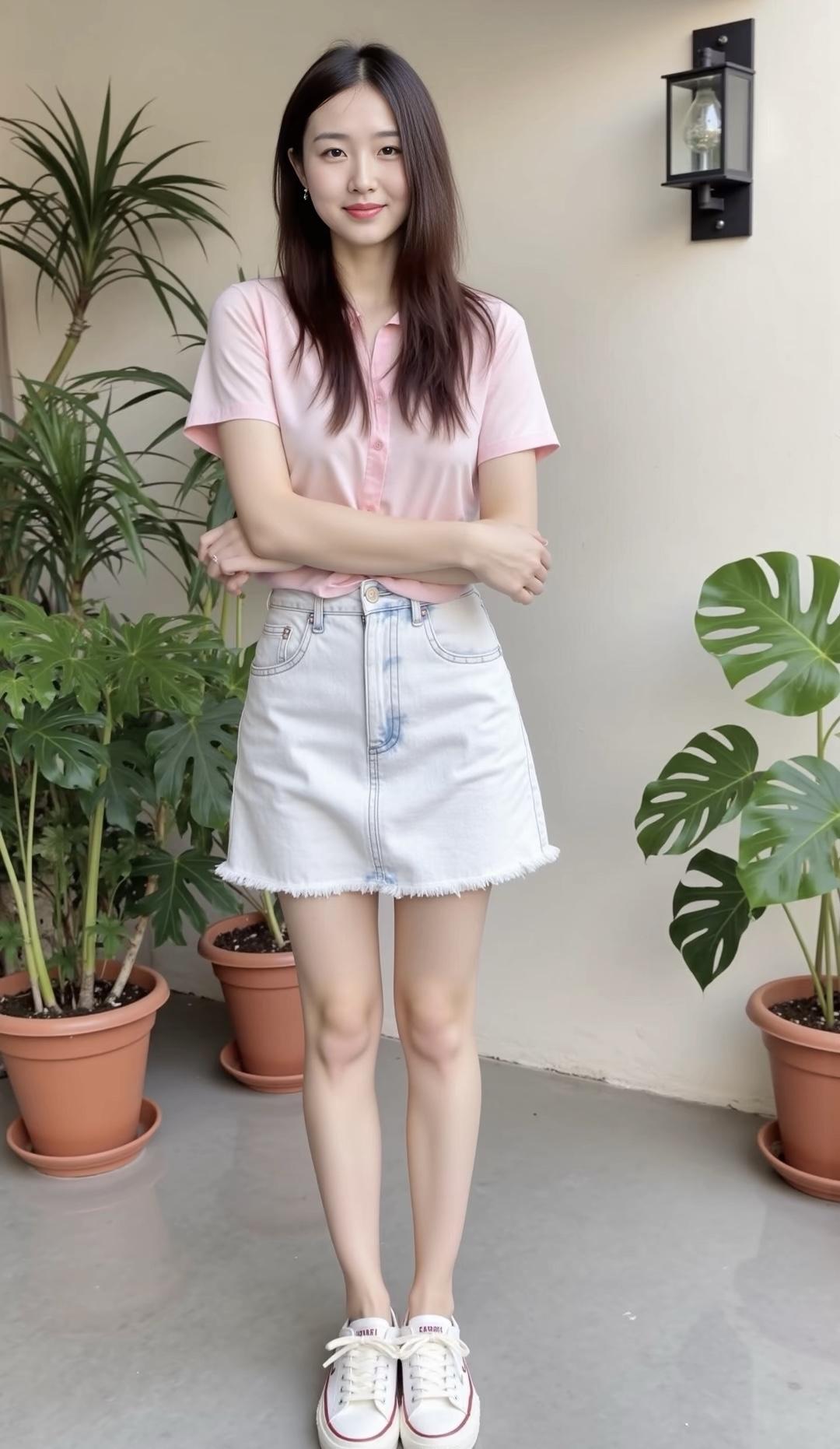 清新夏日穿搭，粉色衬衫+牛仔短裙，搭配白色运动鞋，元气满满！🌞👗👟