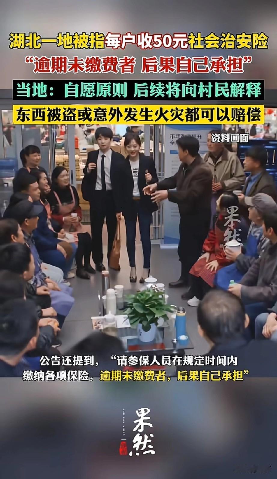 湖北安陆市辛榨乡陈汪村发公告，征收的费用里有每户50元的“社会治安险”，还提“逾