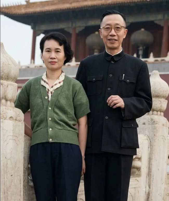 1962年，溥仪与最后一任妻子李淑贤在北京故宫汉白玉台基旁的合影