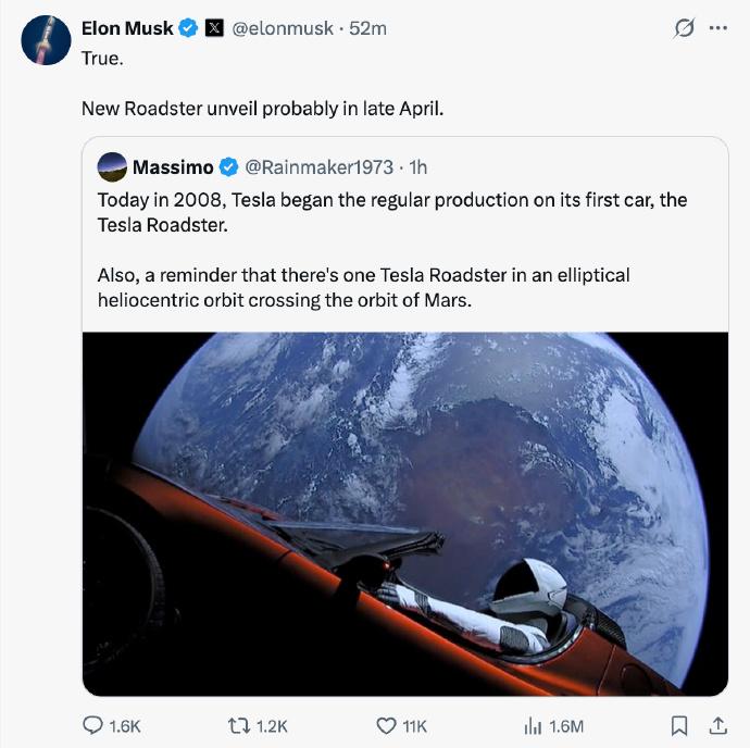日前，马斯克在社交媒体上表示，特斯拉全新Roadster将于4月下旬发布。作为特