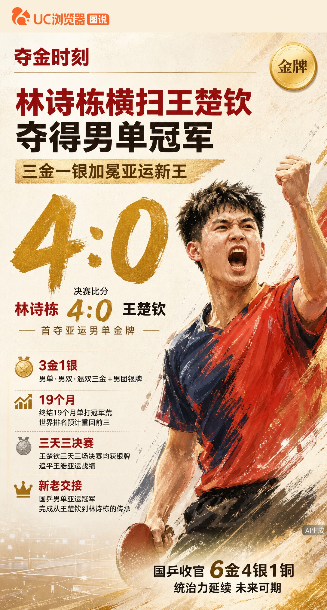 4比0横扫卫冕冠军！林诗栋首夺亚运男单金牌，结束19个月冠军荒。本届独揽3金1银，21岁新王在名古屋