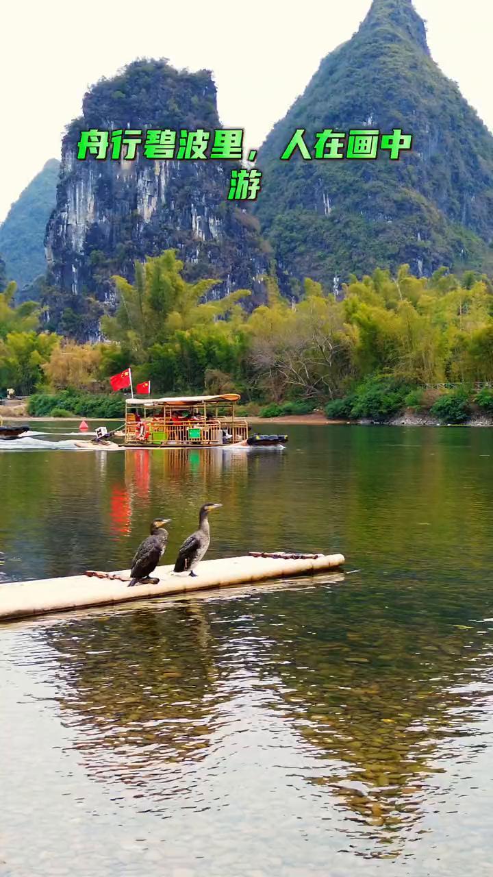 舟行碧波里，人在画中游，美丽漓江，随手一拍就是风景。乘一尾竹筏，在漓江的翡翠缎面
