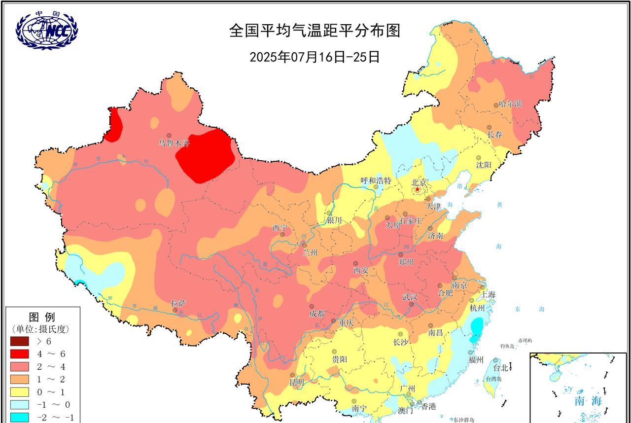 受副热带高压持续偏强偏北影响，今年7月我国的气温分布呈现南北低、中间高的分布形态