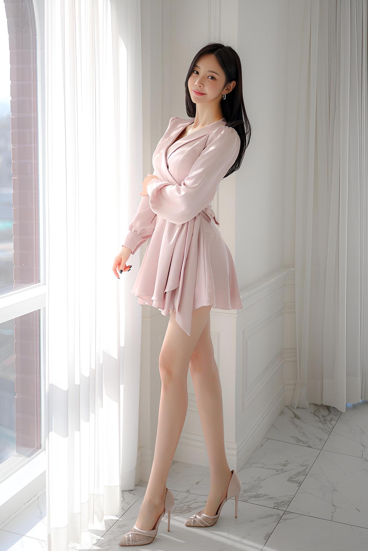 想象一下，一位身着优雅粉裙的少女，静静伫立在轻纱窗前。那粉色的裙子如同春日里盛开