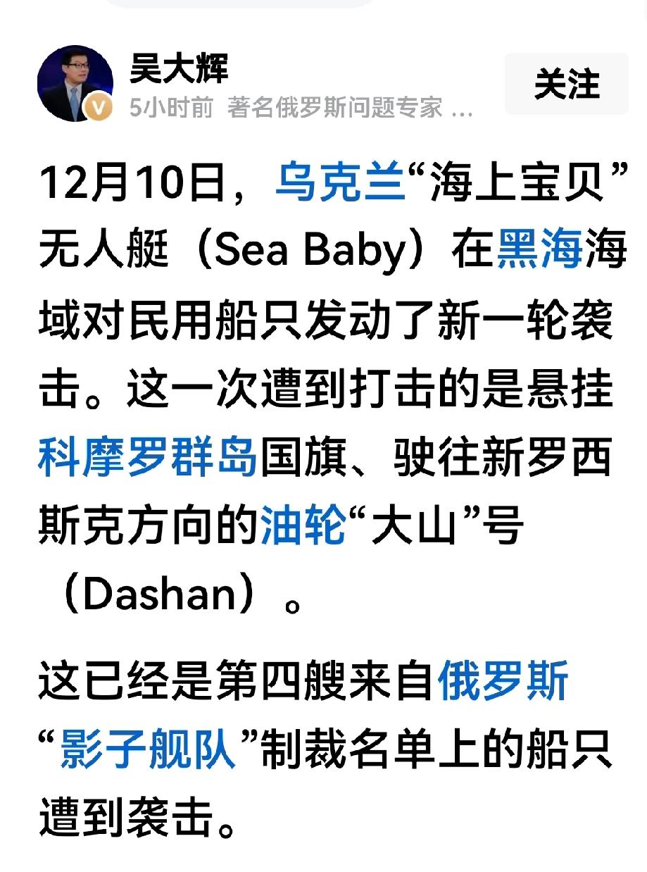 乌克兰又袭击了一艘影子船队的运油轮`大山'号。吴大灰专家的表述是，乌克兰在黑