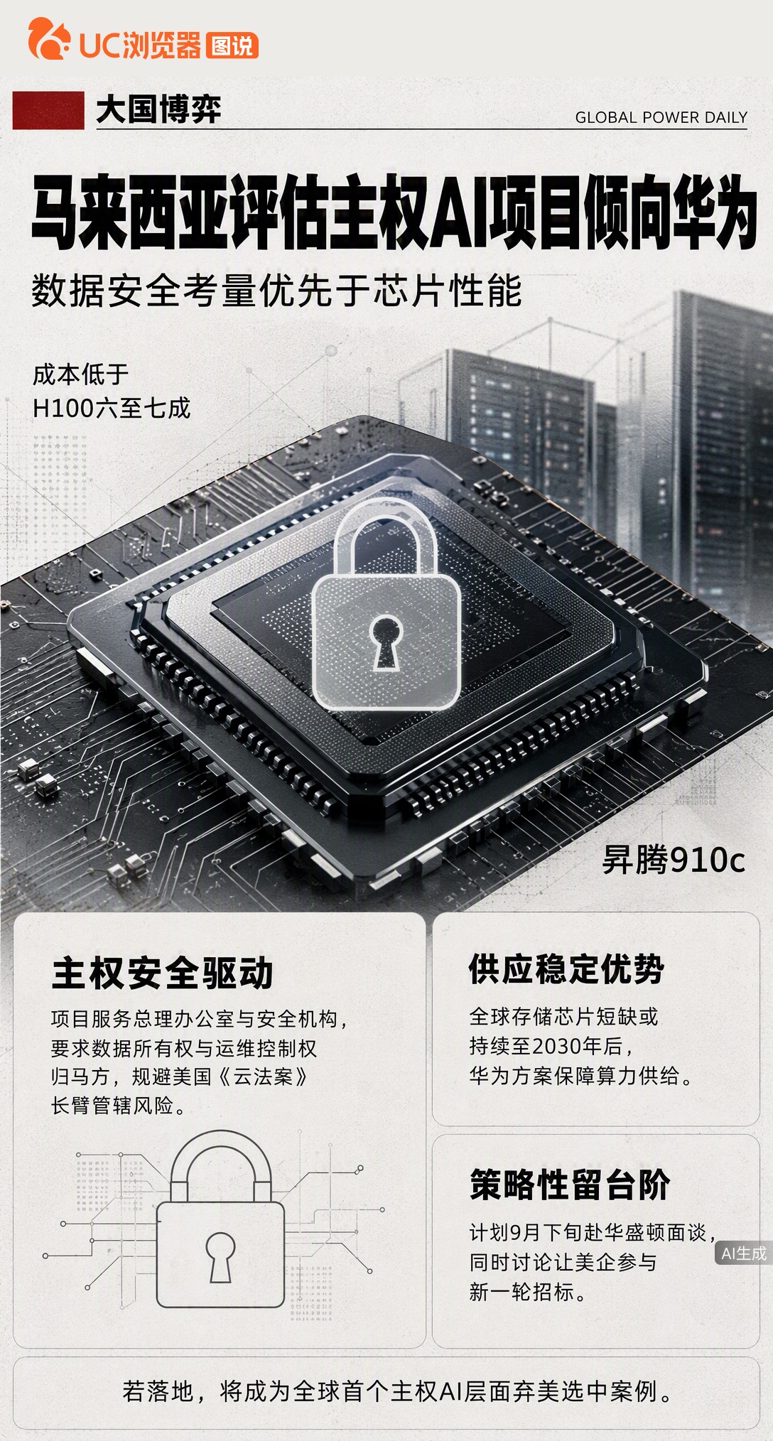 据彭博社报道，马来西亚正评估33亿国家级AI项目采用华为芯片。虽美方警告违规，但为避《云法案》长臂管
