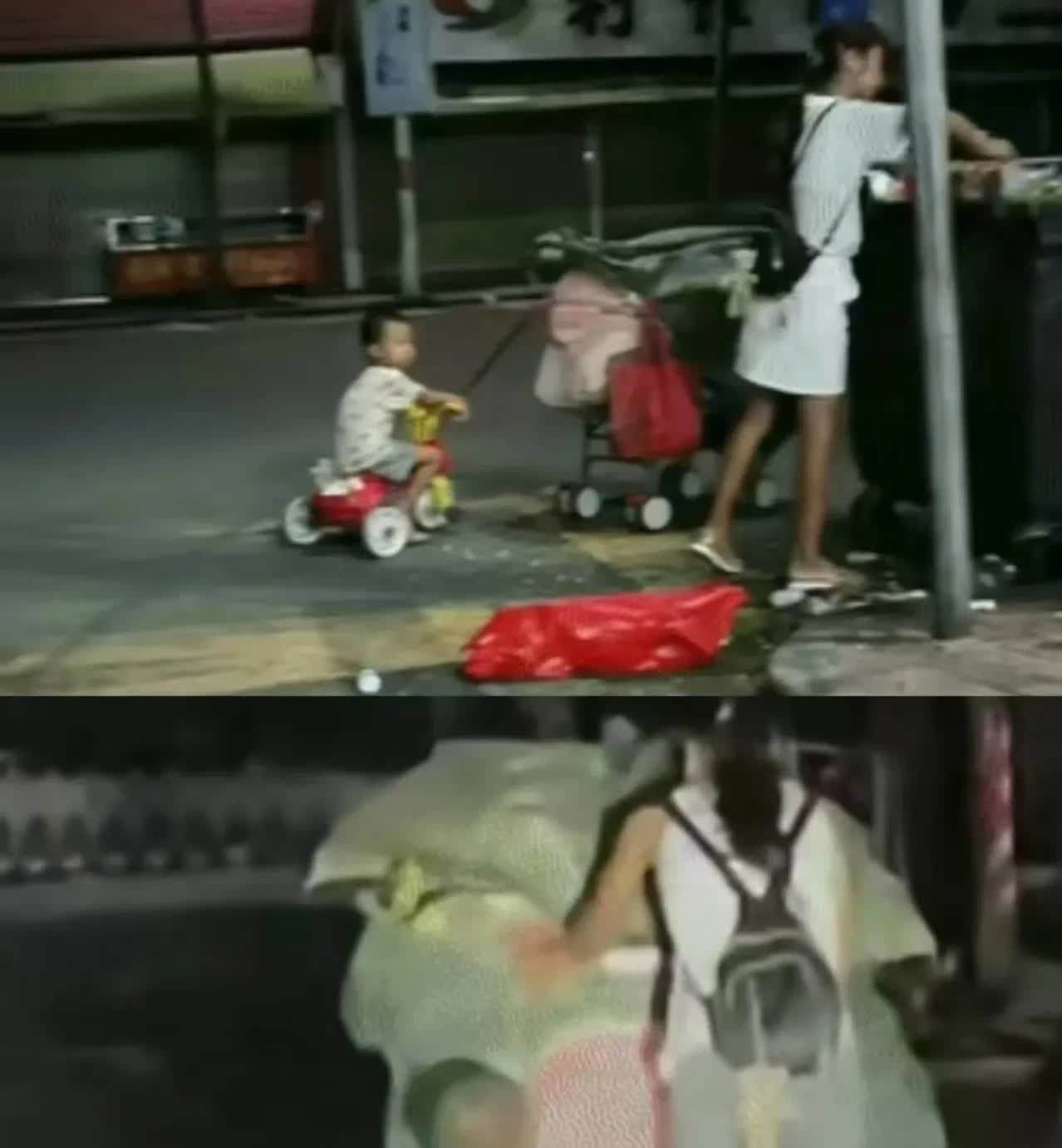 广东汕尾海丰，傍晚，一个年轻的女子带着两三岁的孩子在垃圾箱里翻翻捡捡，原来她已经