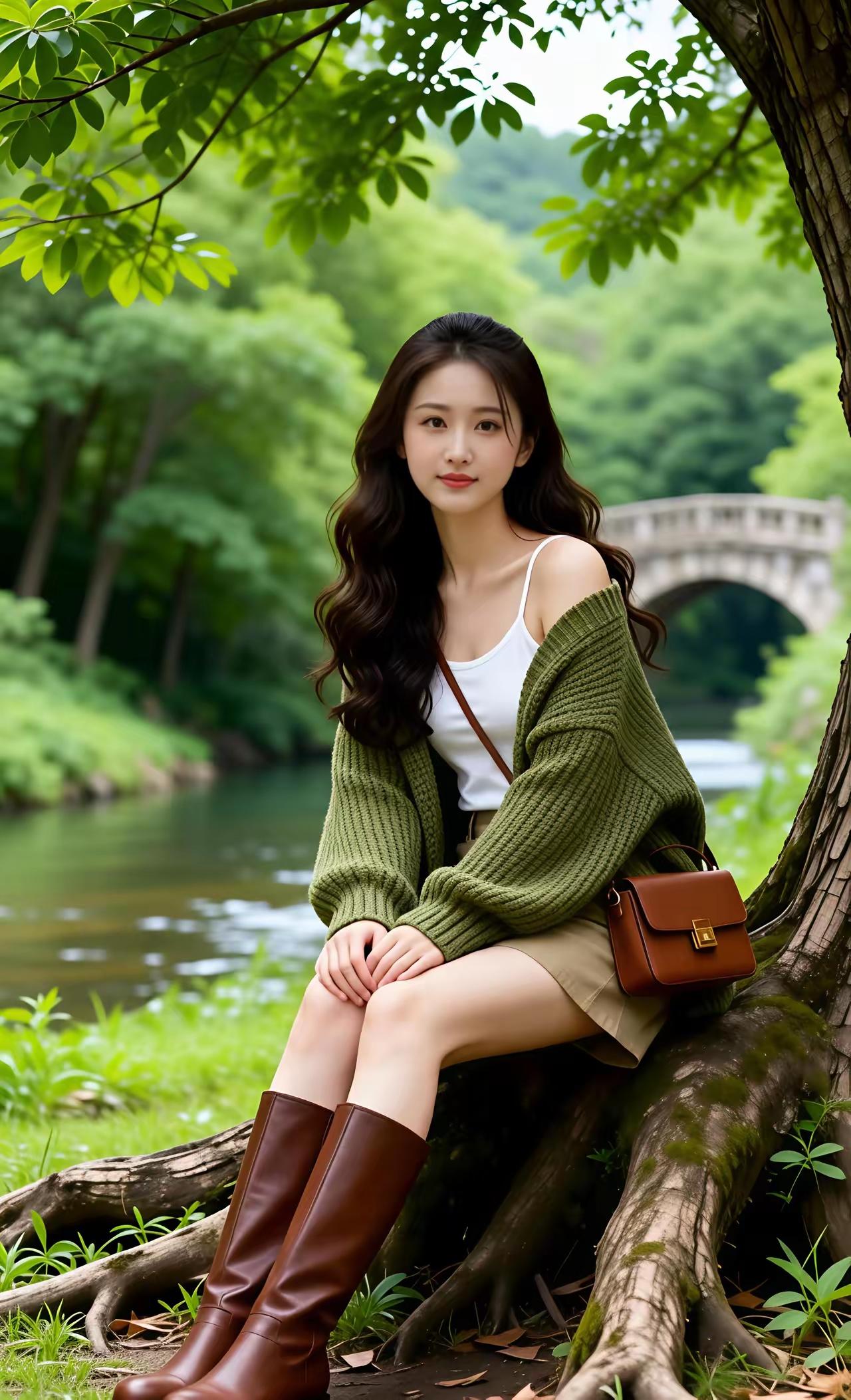 在绿意盎然的公园里，她坐在树干上，微笑着，仿佛置身于童话世界。