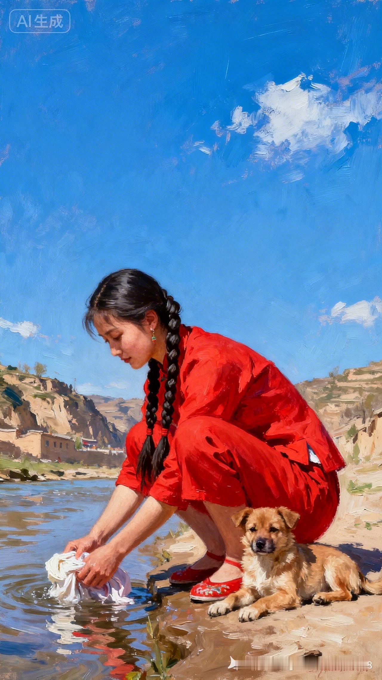 宁静的乡村生活在清澈的河边，与小狗相伴，享受宁静的时光。