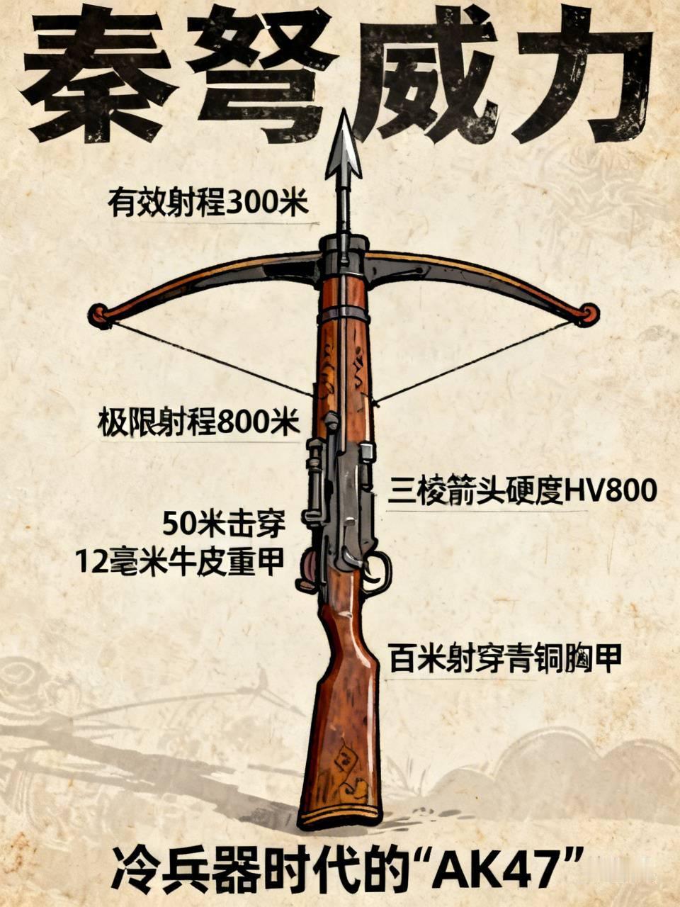 聊聊秦弩的威力秦弩堪称冷兵器时代的降维级兵器，将其称作古代AK4