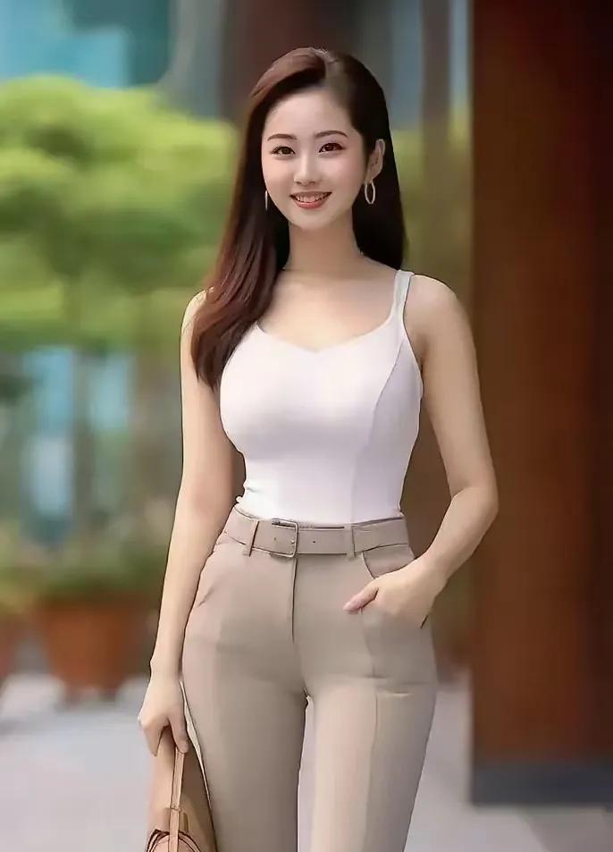 都市俪影浅米长裤白衫轻，精致提包步绿坪。笑靥盈盈风里绽，都市风情自含情。