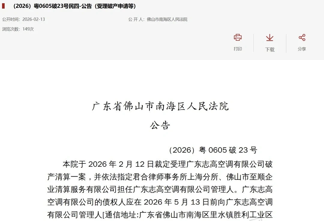 志高空调启动破产清算