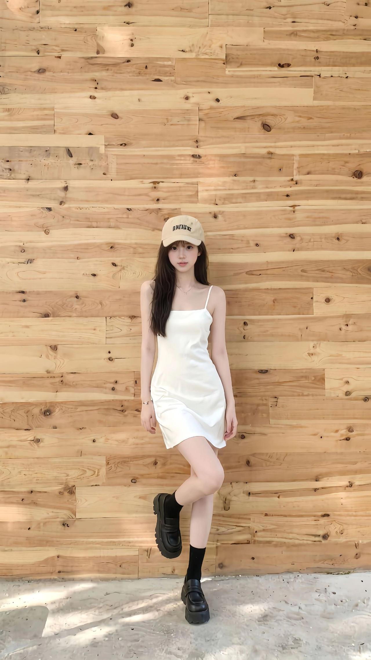 夏日清新穿搭，白色连衣裙搭配米色棒球帽，轻松自在。