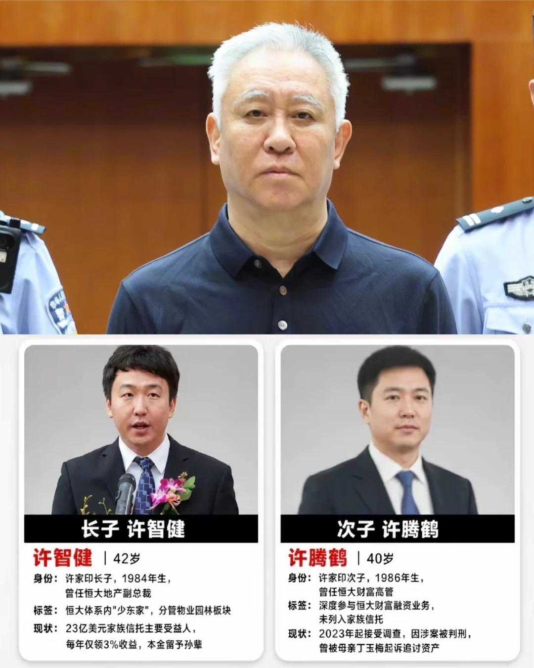 许家印的两个儿子这次也被判刑了，具体刑期未知。判决书上写着是他们分别被判处有期徒