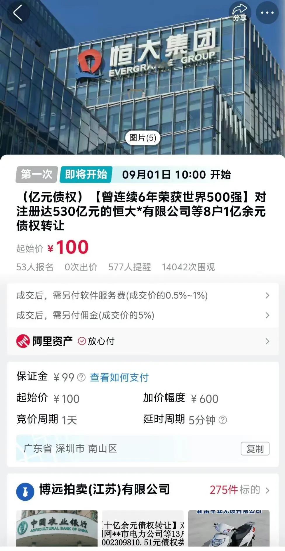 恒大集团的1亿多元债权，100元起拍。有人去拍吗？[捂脸哭]