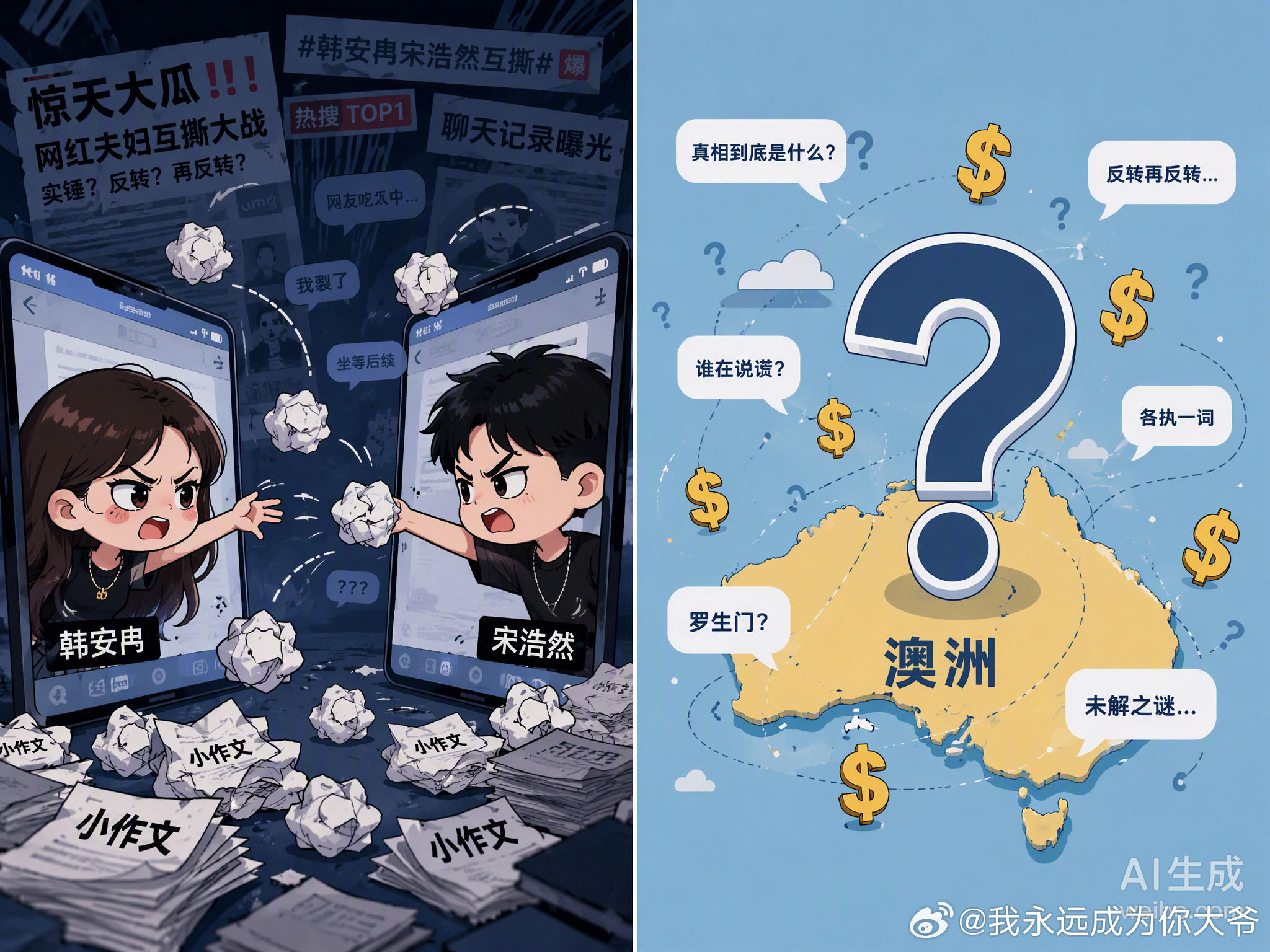 韩安冉和宋浩然这出戏真是越演越离谱了😂。前几天刚曝出宋浩然去澳洲“伴游”赚了1