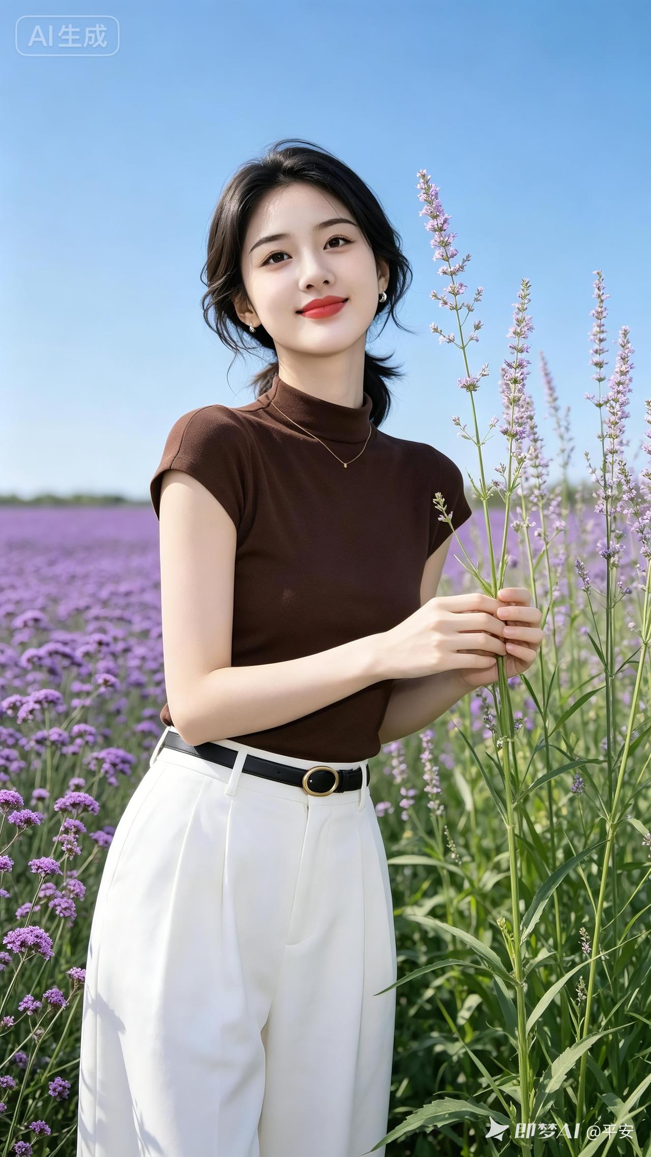 低马尾微卷少女着无袖上衣配白阔腿裤，金银配饰点缀，手握花茎爽朗浅笑，大片紫穗花海
