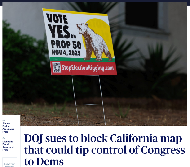美司法部出手, 加州选区之战引爆全美政治版图争夺