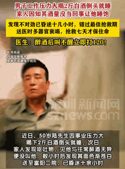 悲剧还是发生了！浙江杭州，一男子因事业不顺，借酒消愁喝下2斤白酒后睡去。家人发现
