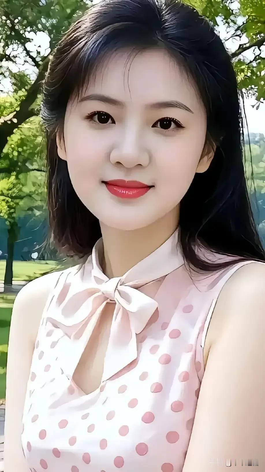 什么样的穿搭可以成为气质女神? 粉波点无袖衫衬着绿茵背景，蝴蝶结领结揉出甜软又灵