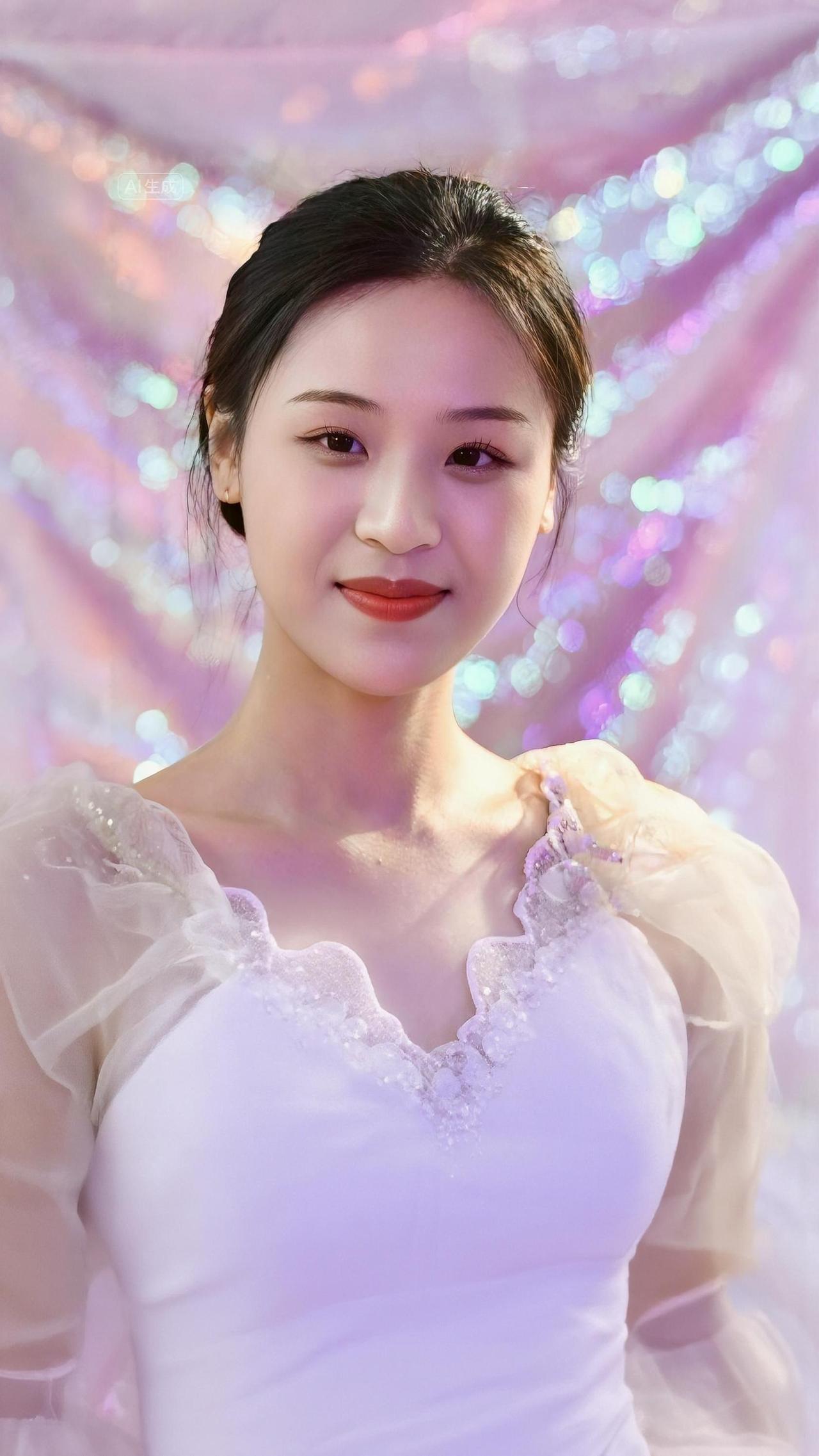 粉幕流光映玉颜，轻颦浅笑落人间。云纱漫卷星河影，素袂轻垂月露斑。眼底温柔