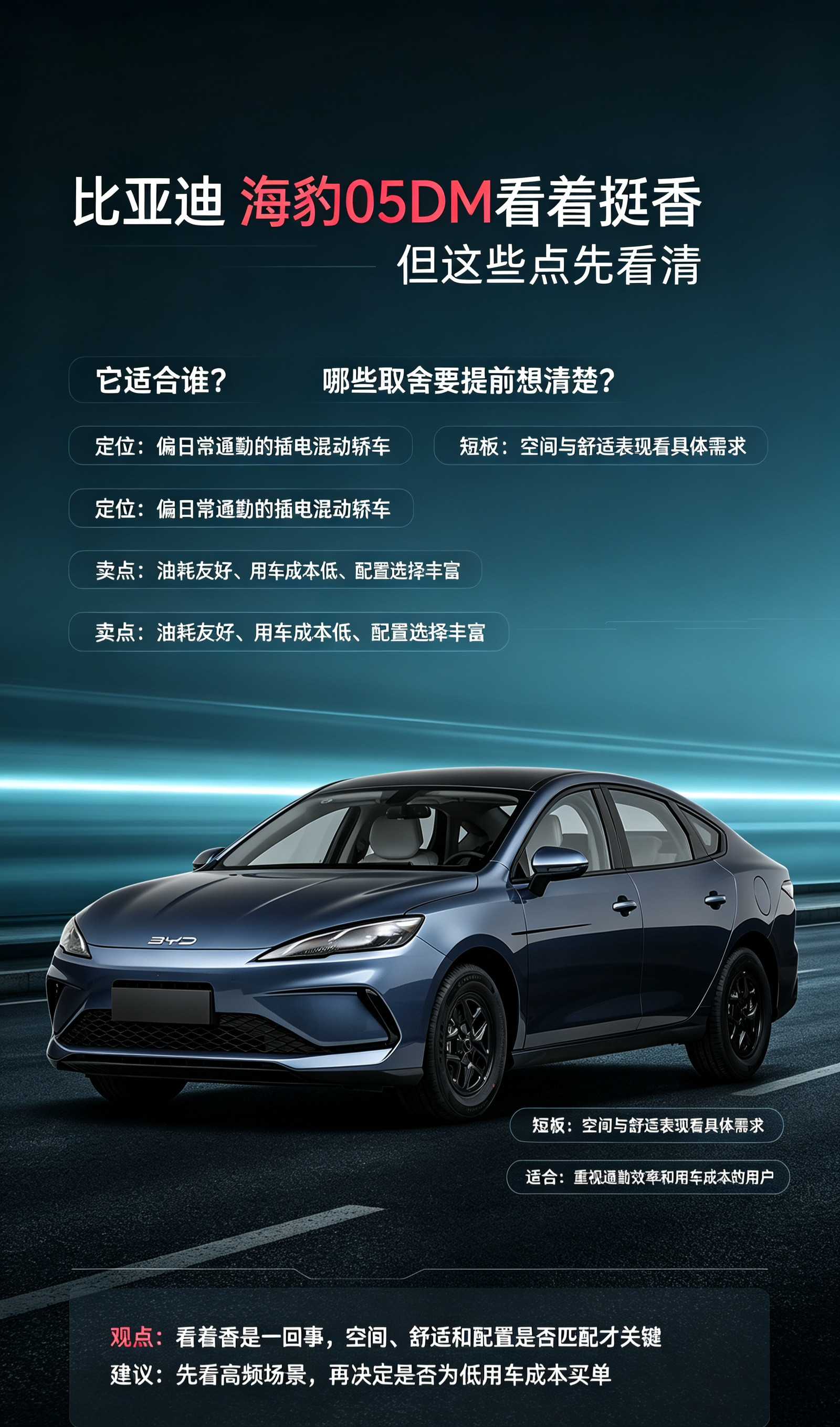海豹05DM是一台偏向日常通勤使用的插电混动轿车，整体定位偏向家用场景。它的核心优势在于日常出行的用