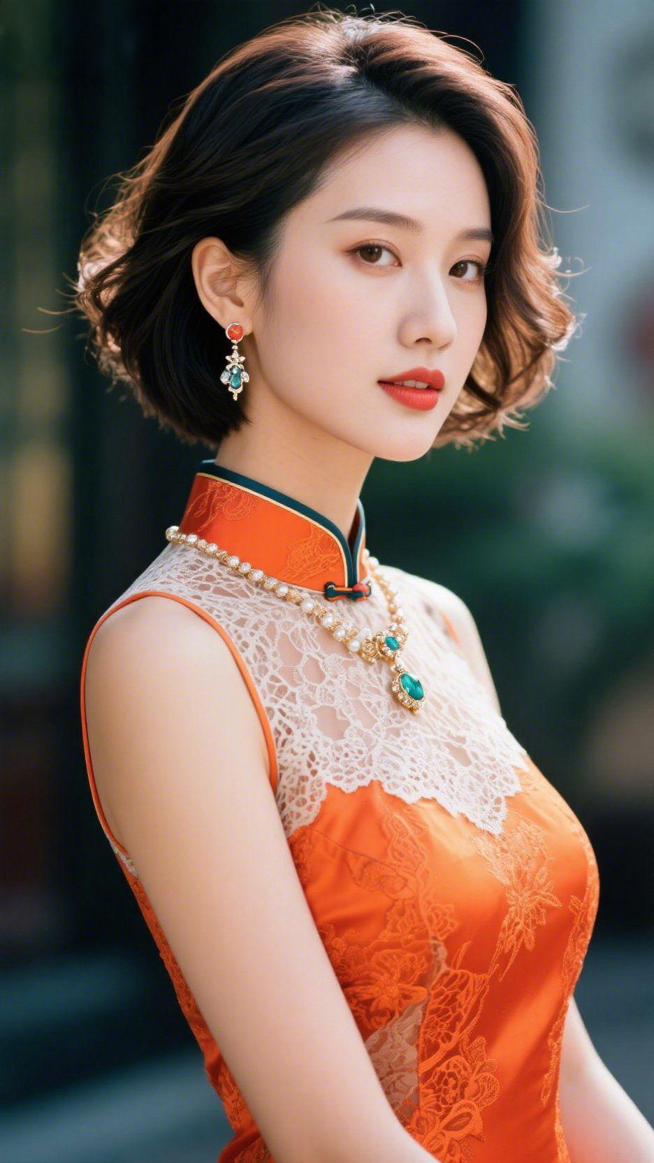 东方雅韵，岁月沉香朱红旗袍如霞色染就，缂丝暗纹流转着江南的温婉。珍珠项链垂